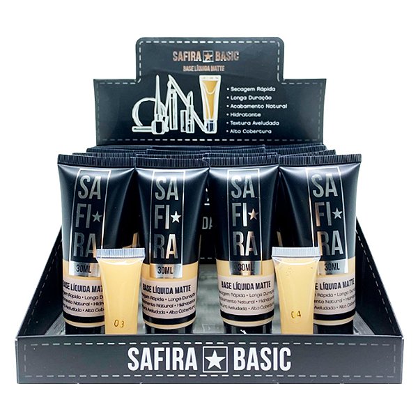 Base Líquida Matte Tons Médios Cor 03 e 04 Safira – Box c/ 16 unid