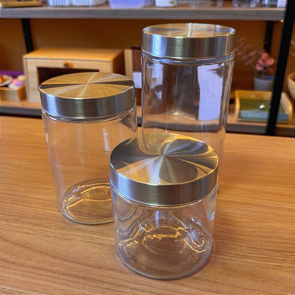 Conjunto 3 Potes Vidro com Tampa Aço Redondo - 1,7Litos / 1,3Litros / 880ml
