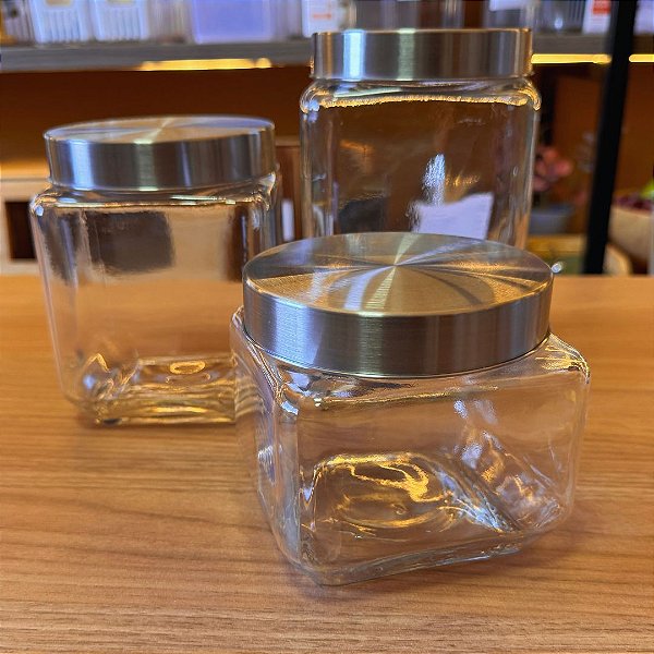 Conjunto 3 Potes de Vidro com Tampa Aço - Quadrado - 790ml / 1,2L / 1,6L