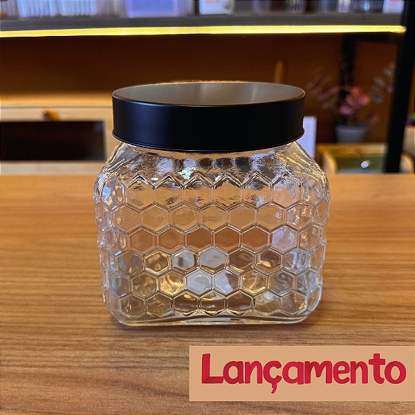 Pote de Vidro Colméia  com Tampa  Preta - 1,3Litros