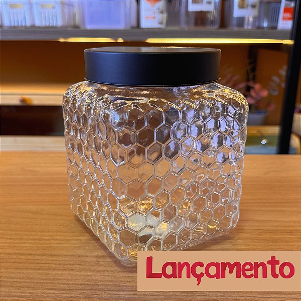 Pote de Vidro Colméia com Tampa - Preta 1,8L
