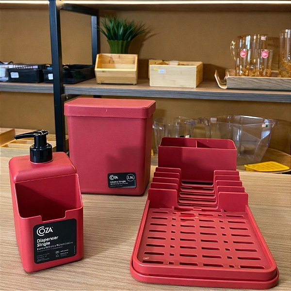 Kit Pia Coza Vermelho - Escorredor, Dispenser e Lixeira