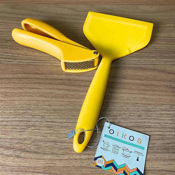 Kit Utensílios de Silicone Amarelo – Espátula Larga + Espremedor de Alho