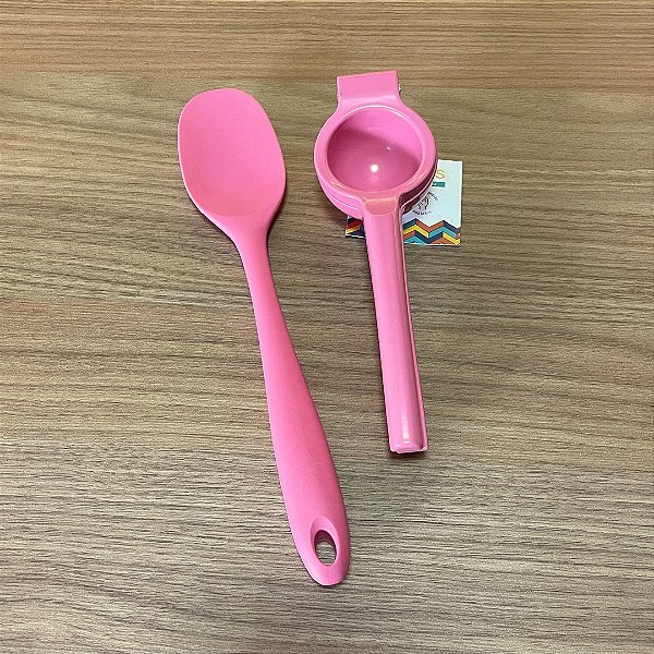 Kit Utensílios de Cozinha Rosa – Espátula Redonda de Silicone + Espremedor de Limão