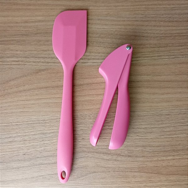 Kit Utensílios de Silicone Rosa – Espátula Pão Duro + Espremedor de Alho