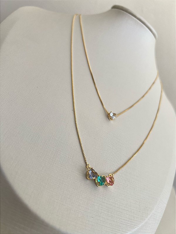 Colar Duplo Pingente Strass Coração Dourado Premium