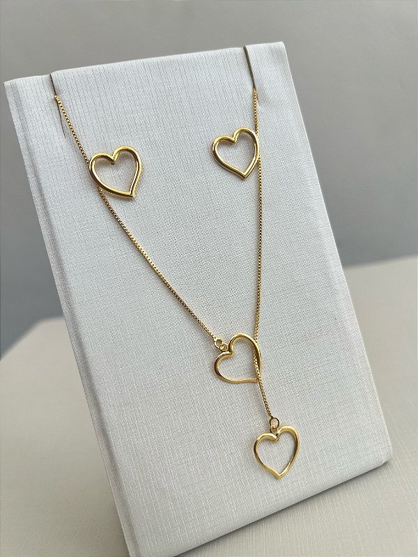 Conjunto Colar Brinco Coração Dourado Premium