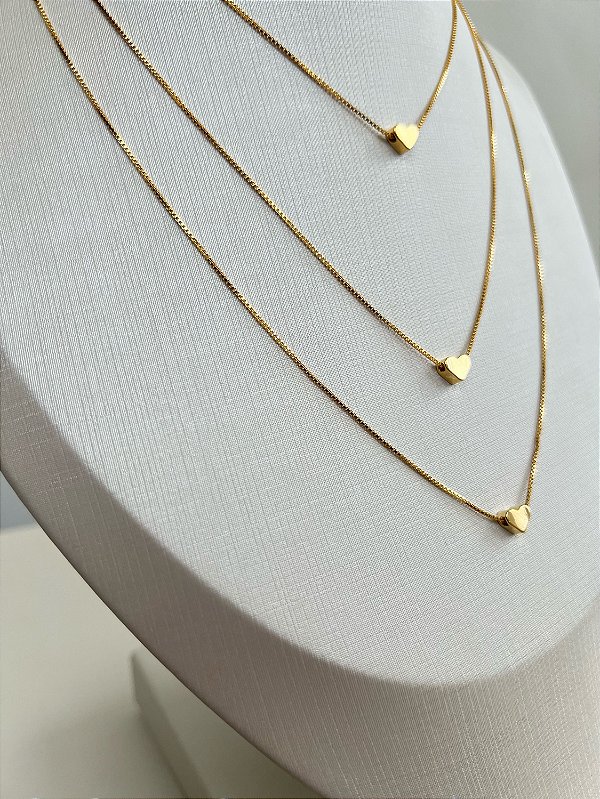 Colar Triplo Corações  Dourado Premium