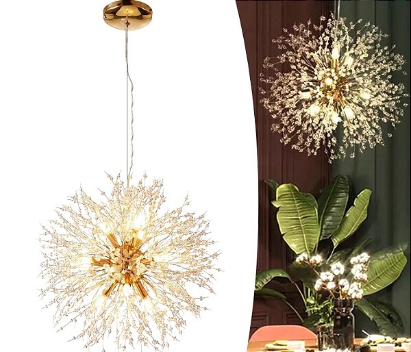 Lustre Pendente Luminária Cristal Flor Dente Leão 45cm Redondo Moderno Bivolt 110v/220v Dourado Para Sala Mesa Jantar