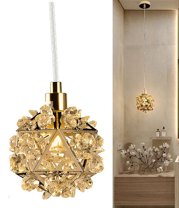 Pendente Luminária Provençal Clássica Cristal Legítimo P/ 1 Lâmpada Bivolt 110V/220V Dourado Quarto Cozinha Banheiro Lavabo Cabeceira