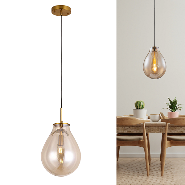 Lustre Luminaria Pendente Moderno Caju 30cm Ambar Conhaque P/ Sala mesa Jantar Ilha Cozinha
