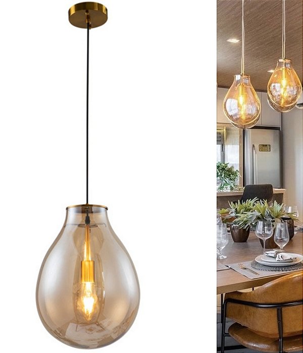 Lustre Pendente Caju Cúpula de Vidro Conhaque 60cm - Ambar