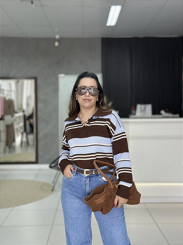 Polo listrada manga longa