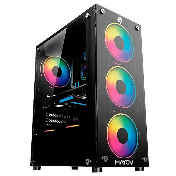 Gabinete Gamer Hayom GB1749, Mid Tower, RGB, ATX, Lateral e Frontal em Vidro Temperado, 4x Cooler Fan RGB, Preto