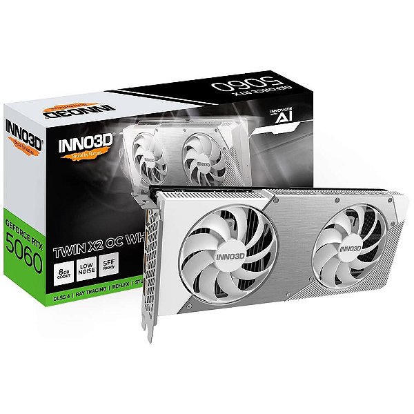 Placa de Video Inno3D RTX 5060 Twin X2 OC White NVIDIA Geforce, 8GB GDDR7, 2527MHz, 128bits, DLSS 4, Ray Tracing