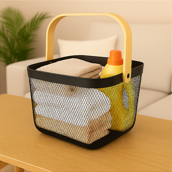 Cesto Organizador de Metal Preto com Alça em Madeira – Moderno, Funcional e de Alta Saída na Revenda