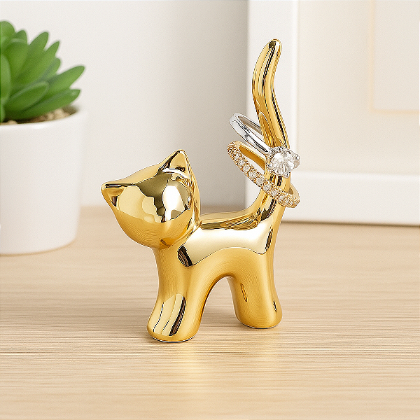 Gatinho Dourado Porta-Anéis – Charme, Organização e Sofisticação para Decoração e Revenda