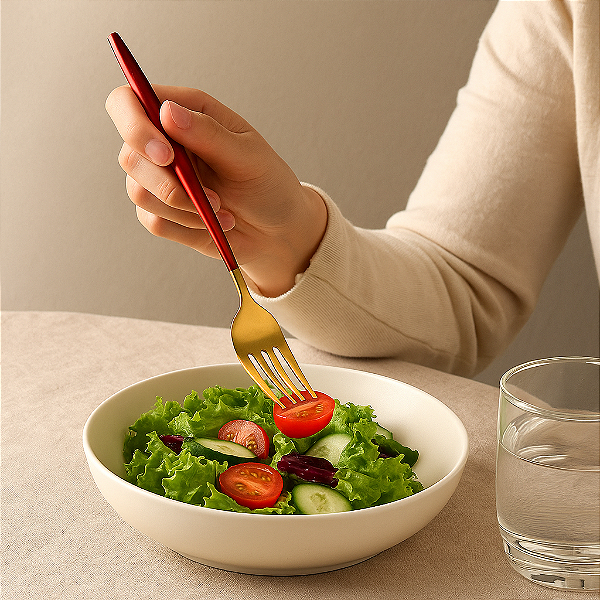 Garfo Dourado com Cabo Vermelho – Estilo Sofisticado e Alta Margem na Revenda Premium