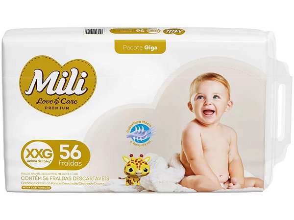 Fralda Infantil Mili Love & Care XXG com 56 unidades