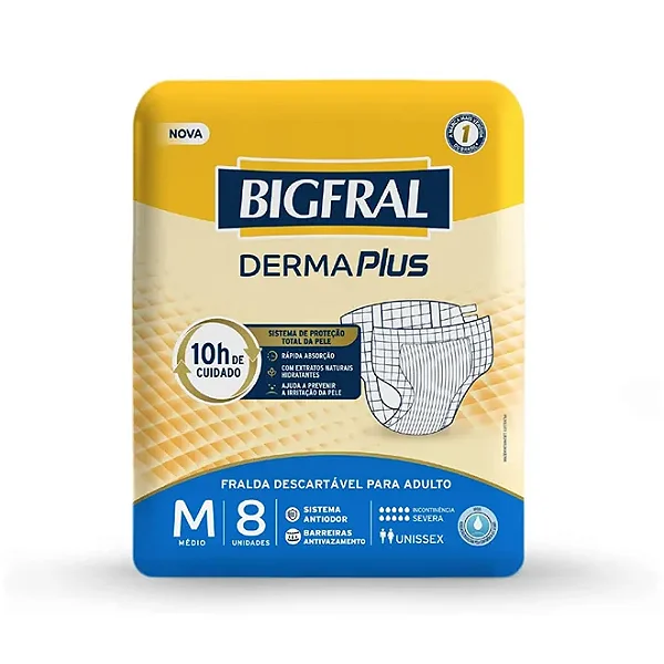 Fralda Adulto BigFral Derma Plus M com 8 unidades