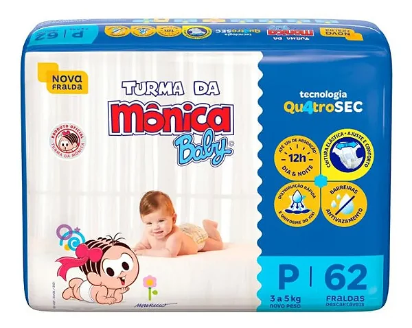 Fralda Infantil Turma da Mônica Baby P com 62 unidades