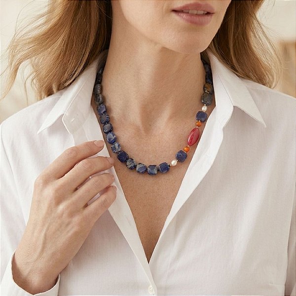 Colar de Sodalita com Pérolas Naturais, Cornalina e Jade – Equilíbrio e Clareza