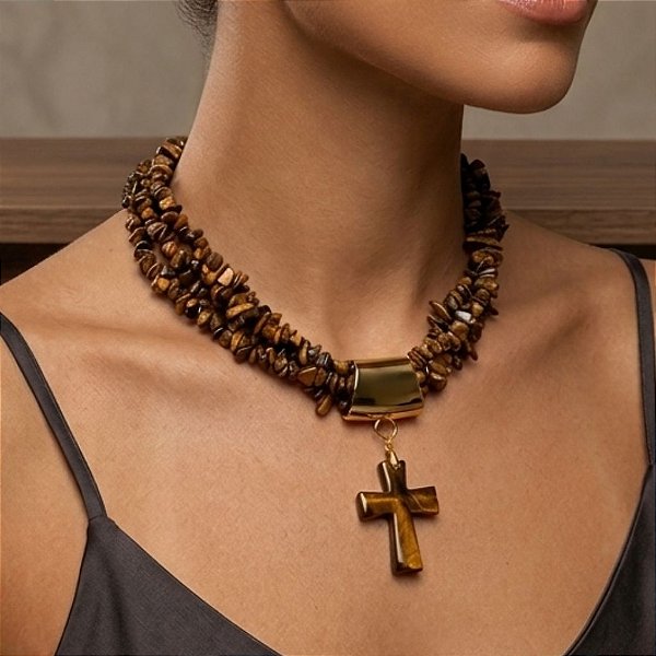 Colar de Olho de Tigre com Crucifixo – Proteção, Coragem e Fé
