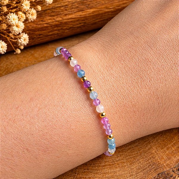 Pulseira de Quartzo Rosa, Ametista e Água-Marinha: Amor-Próprio, Tranquilidade e Serenidade