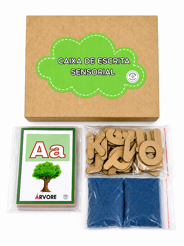 Caixa de escrita sensorial com alfabeto móvel ilustrado e letras em MDF