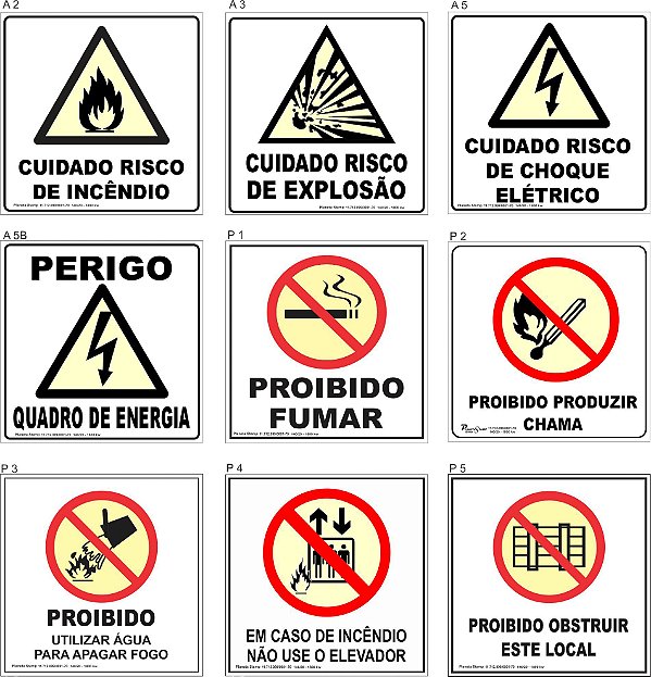 Placas de Alerta e Proibido, medida 200x200x05mm kit com 10 un. a escolha