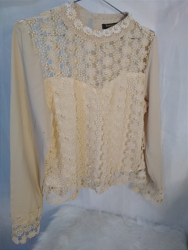 Blusa manga longa renda com pérolas - Creme