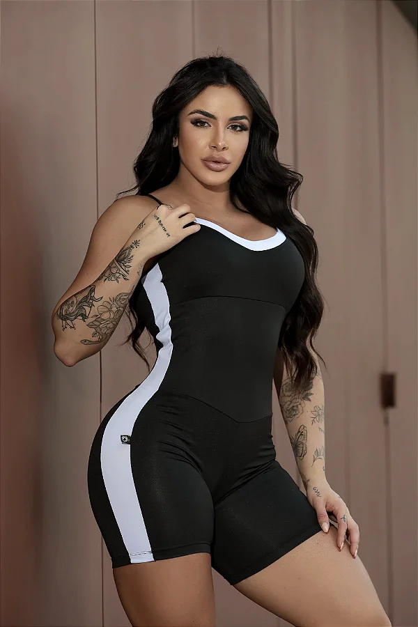 🖤 Macaquinho Fitness Elegancy - Preto com Detalhes Brancos