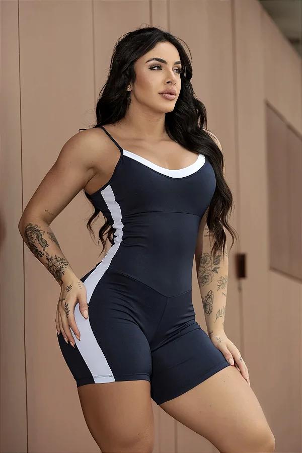 💙 Macaquinho Fitness Elegancy - Azul Marinho com Detalhes Brancos