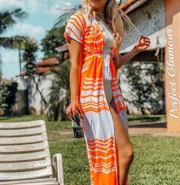 Saída Kimono Listras Coral e Branco