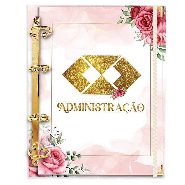Fichário Agenda: Profissão Logo Adminstração - Flores Rosa/Dourado