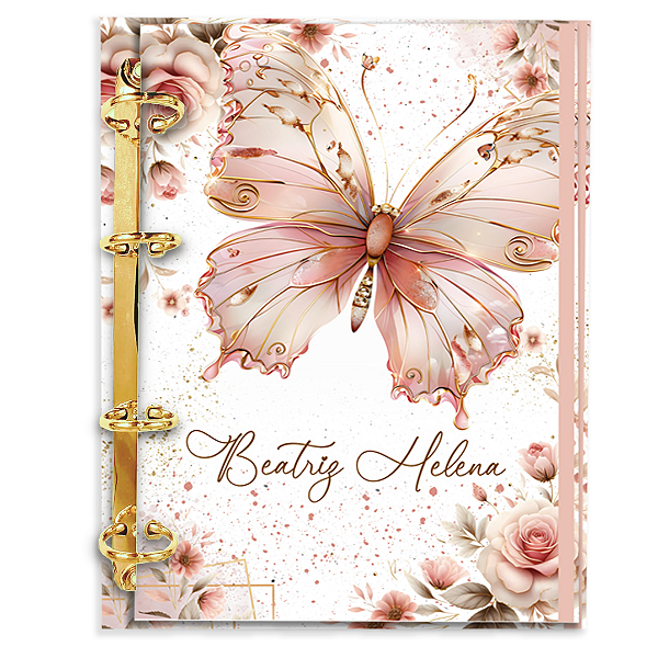 Agenda Fichário Personalizada Reposicionável:  BORBOLETA ROSA BRILHO