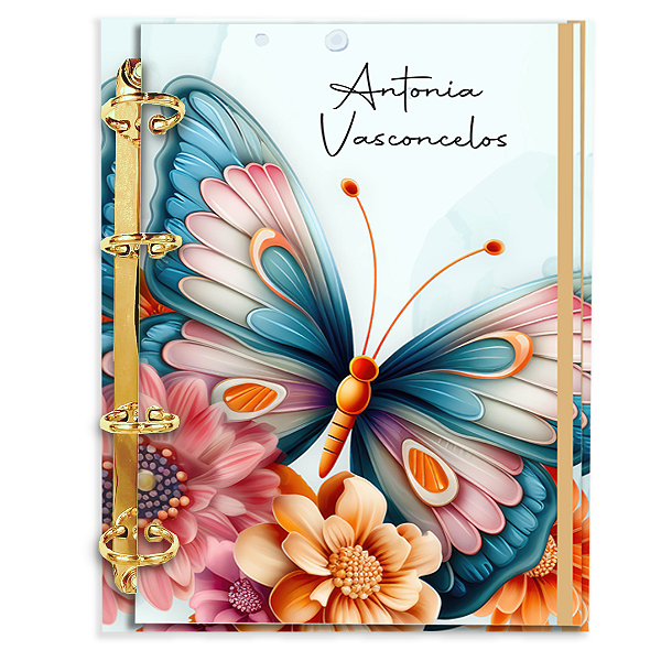 Agenda Fichário Personalizada Reposicionável:  BORBOLETA LARANJA/AZUL