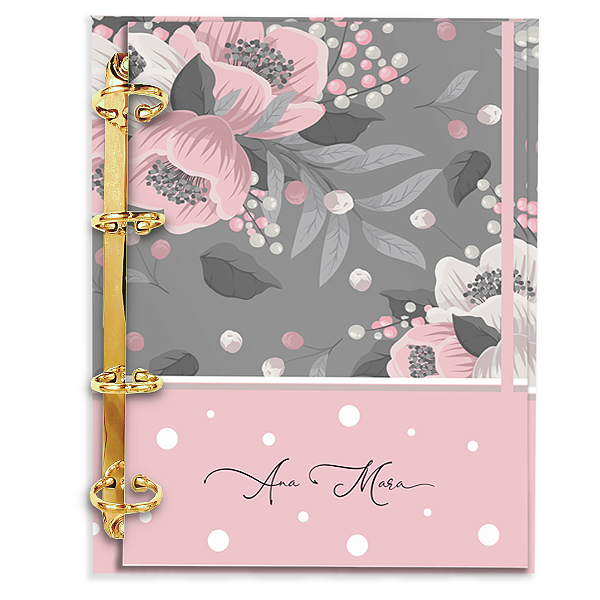 Agenda Fichário Personalizada Reposicionável: Floral Cinza com Rosa