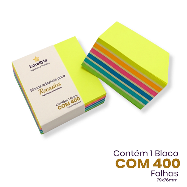 Bloco de Notas Adesivas 400 Folhas 76x76mm Cores Neon