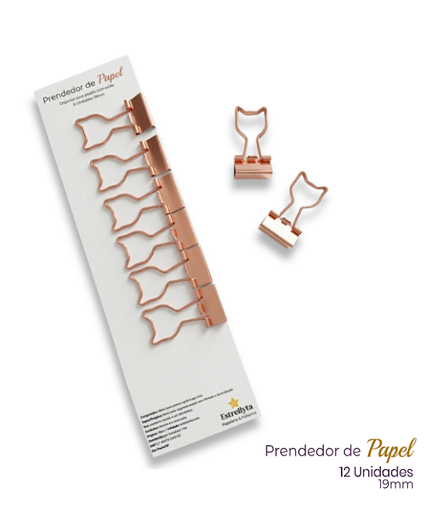 Prendedor de Papel Estilo Binder Clip Gatinho – Rose Gold | Estrellyta