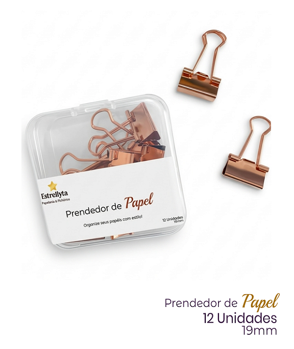 Prendedor de Papel Metálico Rose Gold – Kit com 12 Unidades (19mm) I Estrellyta