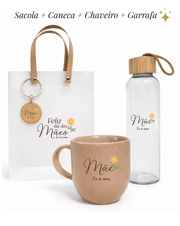 Kit Presente Dia das Mães Estrellyta – Caneca + Garrafa + Chaveiro + Sacola Premium
