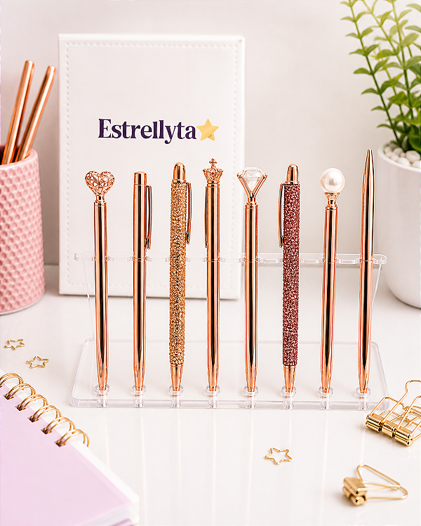 Kit Canetas Luxo ROSE com 8 Unidades – Escrita Azul Premium | Estrellyta