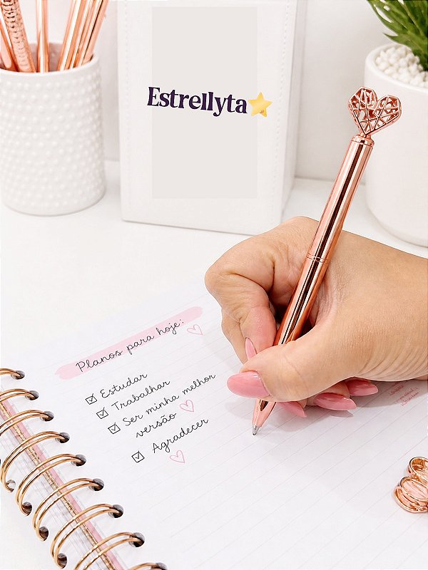 Canetas Luxo Coração Rose – Escrita Azul Premium | Estrellyta