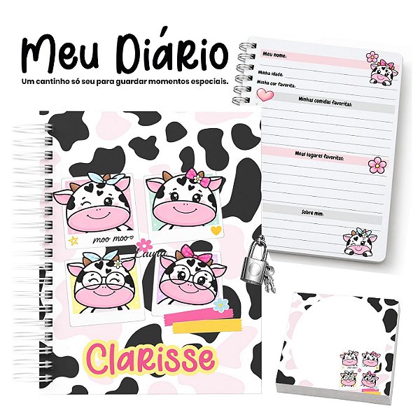 Diário Infantil Personalizado A6 com Cadeado, Chave e Bloquinho: Vaquinha
