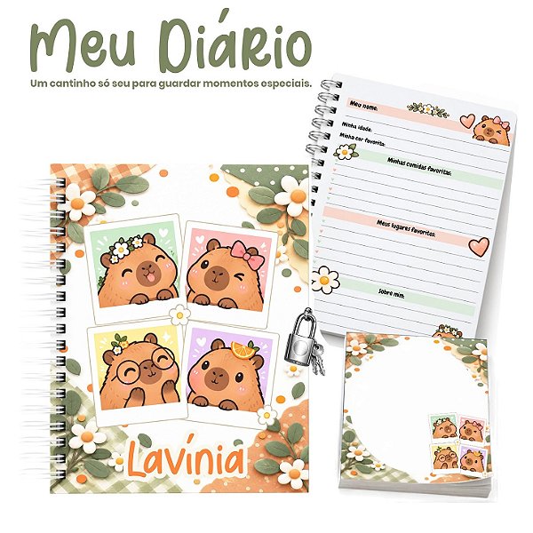 Diário Infantil Personalizado A6 com Cadeado, Chave e Bloquinho: Capivarinha