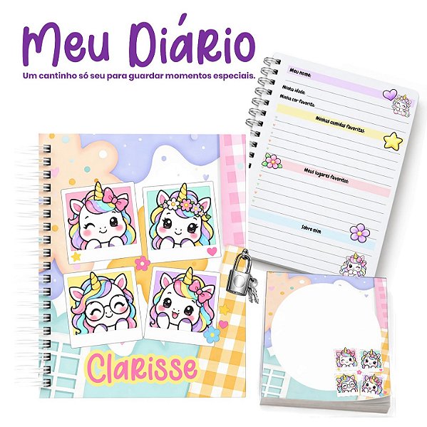 Diário Infantil Personalizado A6 com Cadeado, Chave e Bloquinho: Unicórnio
