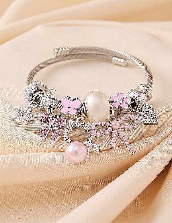 Pulseira Pingentes Lacinho Rosa