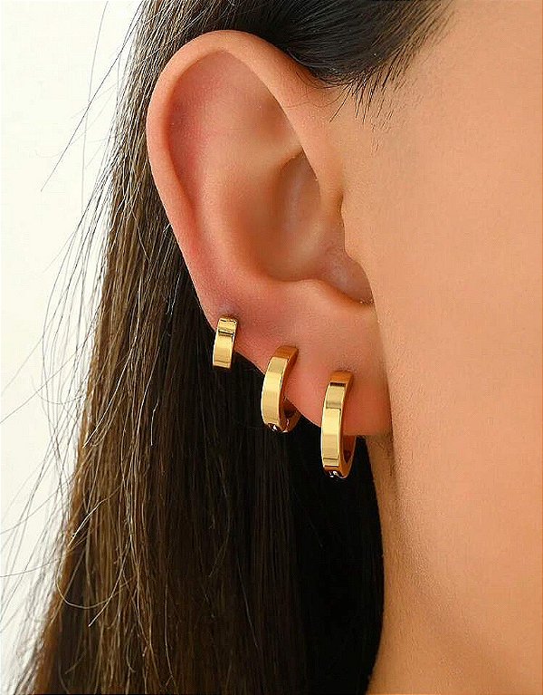Trio Argolinhas Clássicas Achatadas Dourado