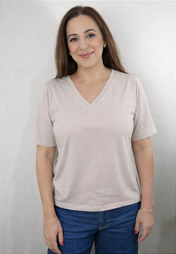 T-SHIRT MALHA GREIGE GOLA V BÁSICA